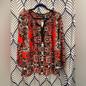 NWT Black/Red Printed Blouse. Elastic Sleeves. Size XL